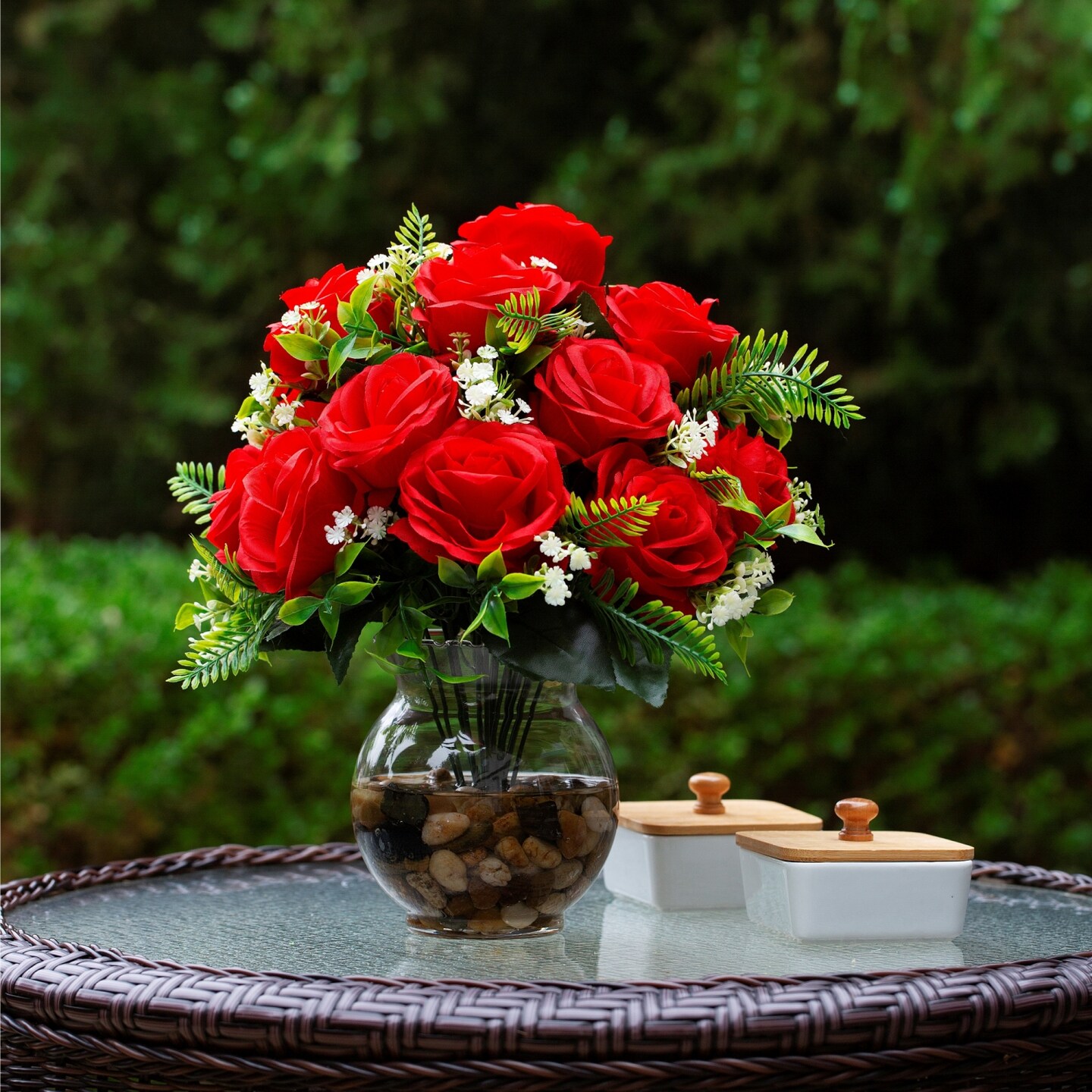 18 Heads Silk Rose Artificial Flowers in Vase,Faux Rose Flowers Arrangement in Round Bowl Vase with Faux Water and River Rock for Table Deco product 2