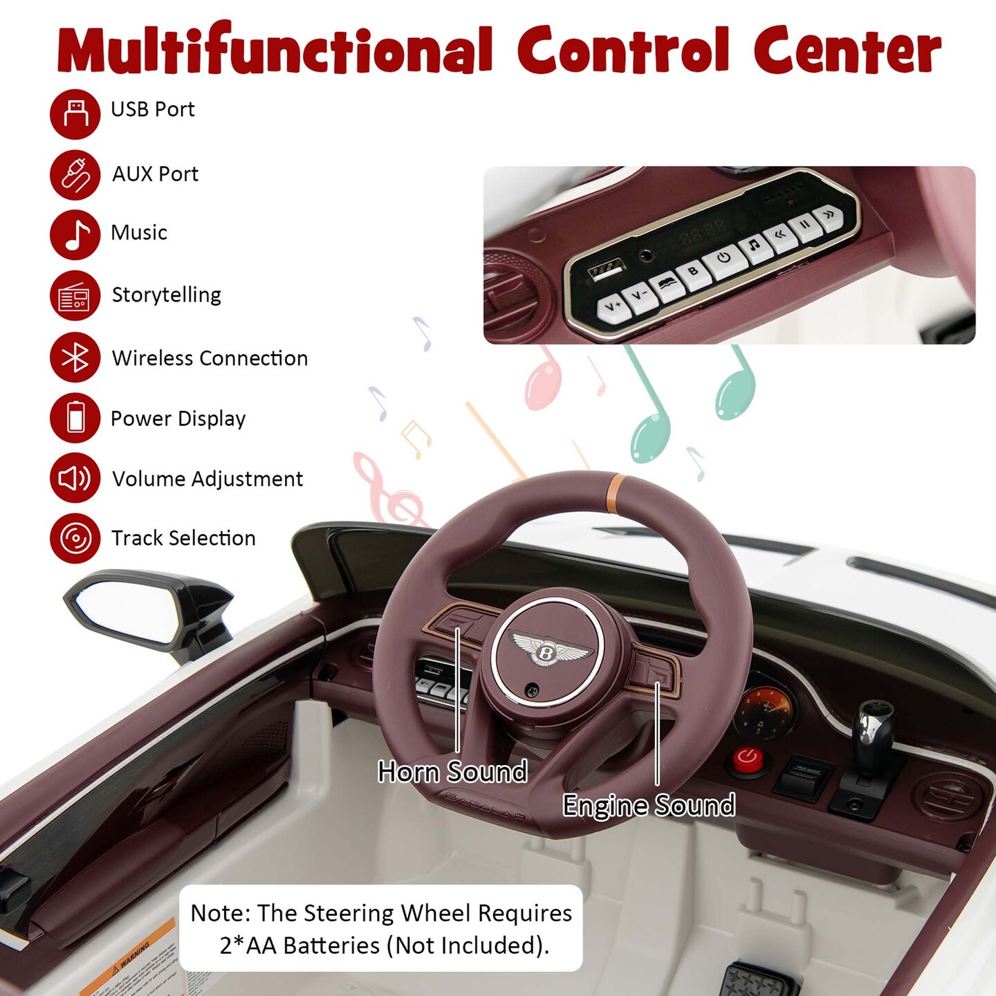 Costway 12V Licensed Bentley Bacalar Kids Electric Ride-on Car with Remote Control Green/Red/White/Black