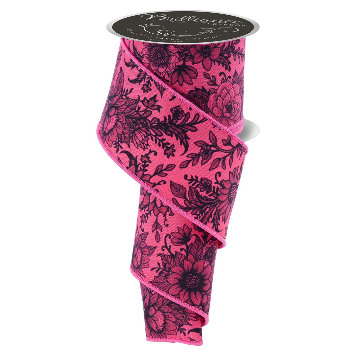 Brilliance 2.5" Chinoiserie Florals Wired Ribbon 30' - Hot Pink, Black, Grey - For Flower Pattern Bows, Wreaths, Gift Wrap, Crafts and Decorations