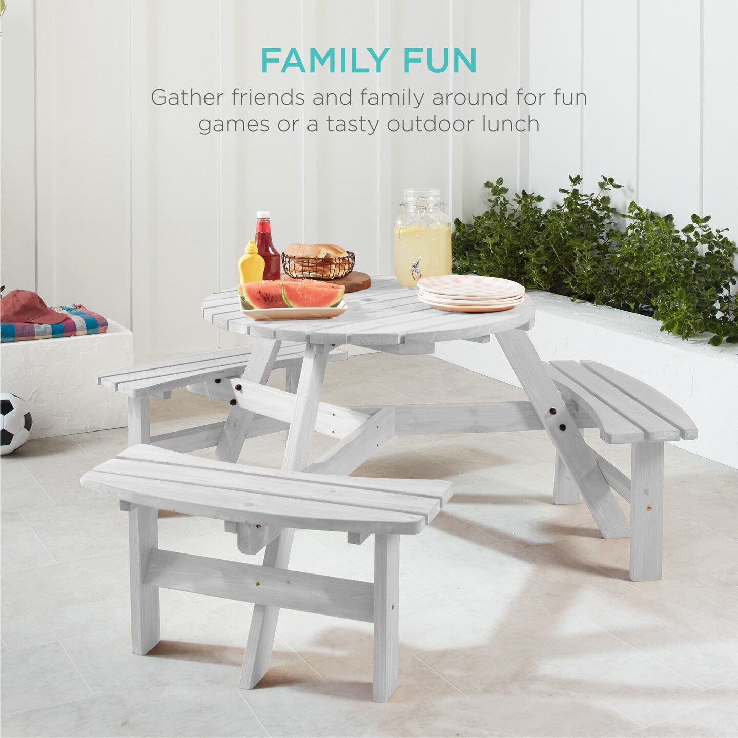Best Choice Products 6-Person Circular Outdoor Wooden Picnic Table w/ 3 Built-In Benches, Umbrella Hole