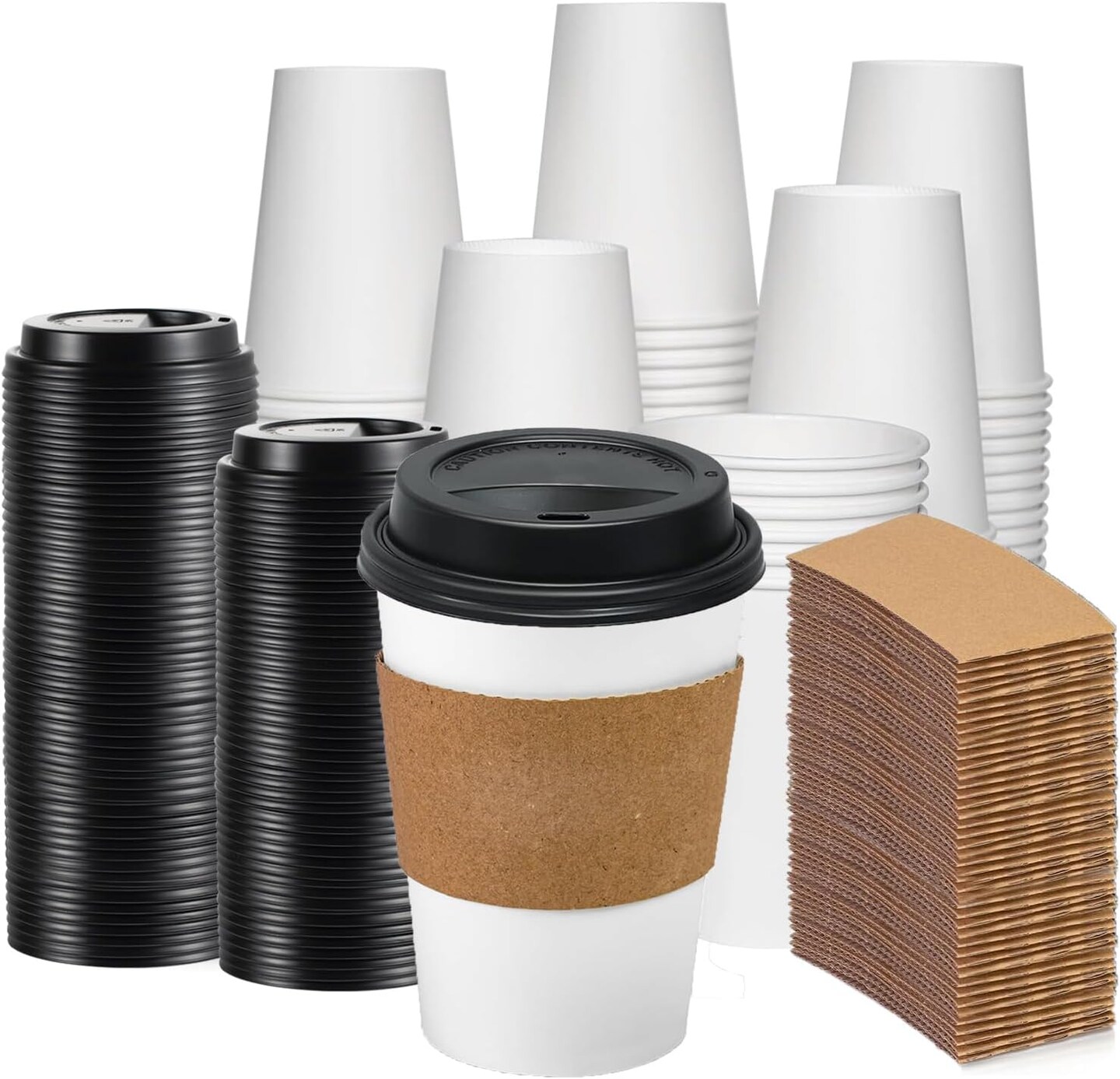 100 Pack 12 oz Disposable Coffee Cups with Lids and Sleeves, 12 oz Leak ...