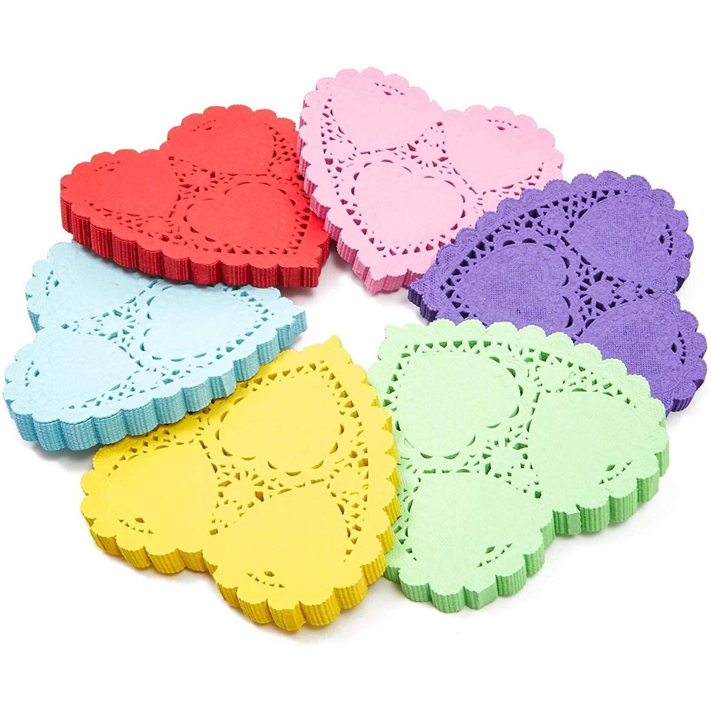 Juvale 600 Pack Paper Doilies, Heart Shaped Placemats for Crafts and Parties, Women's Day and Mother's Day Decorations, 4 x 4 Inch Bulk Cutout Lace Paper Doilies, 6 Colors