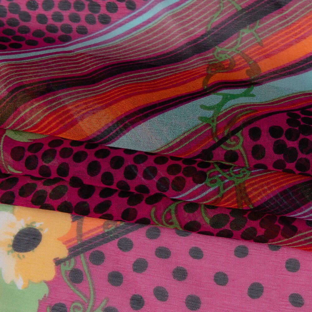1 Yard Hot Pink Yellow Green Stripes Spots Flowers Silk Chiffon Fabric 45" Width