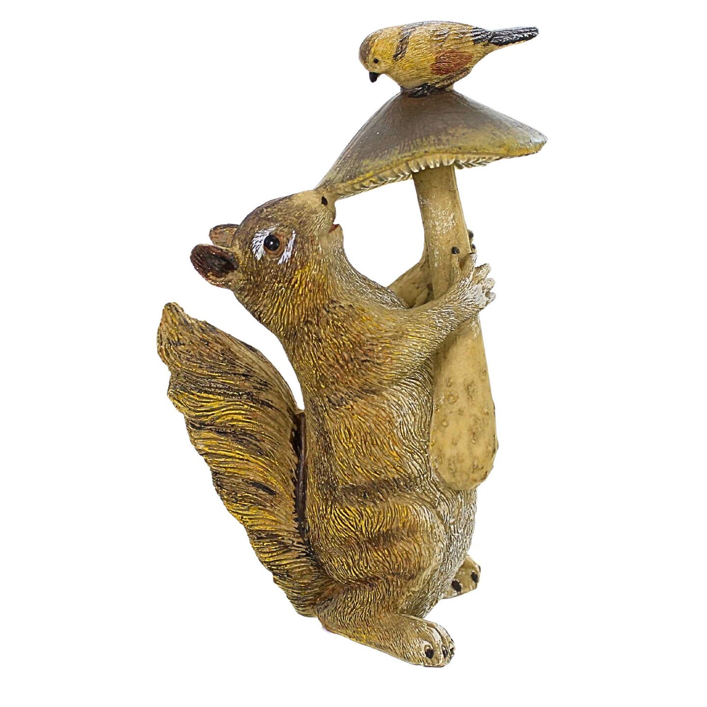 Roman 7.5 Inch Squirrel W/Mushroom & Bird Statue Summer Figurine , Lightweight Summer Decor Squirrel Garden