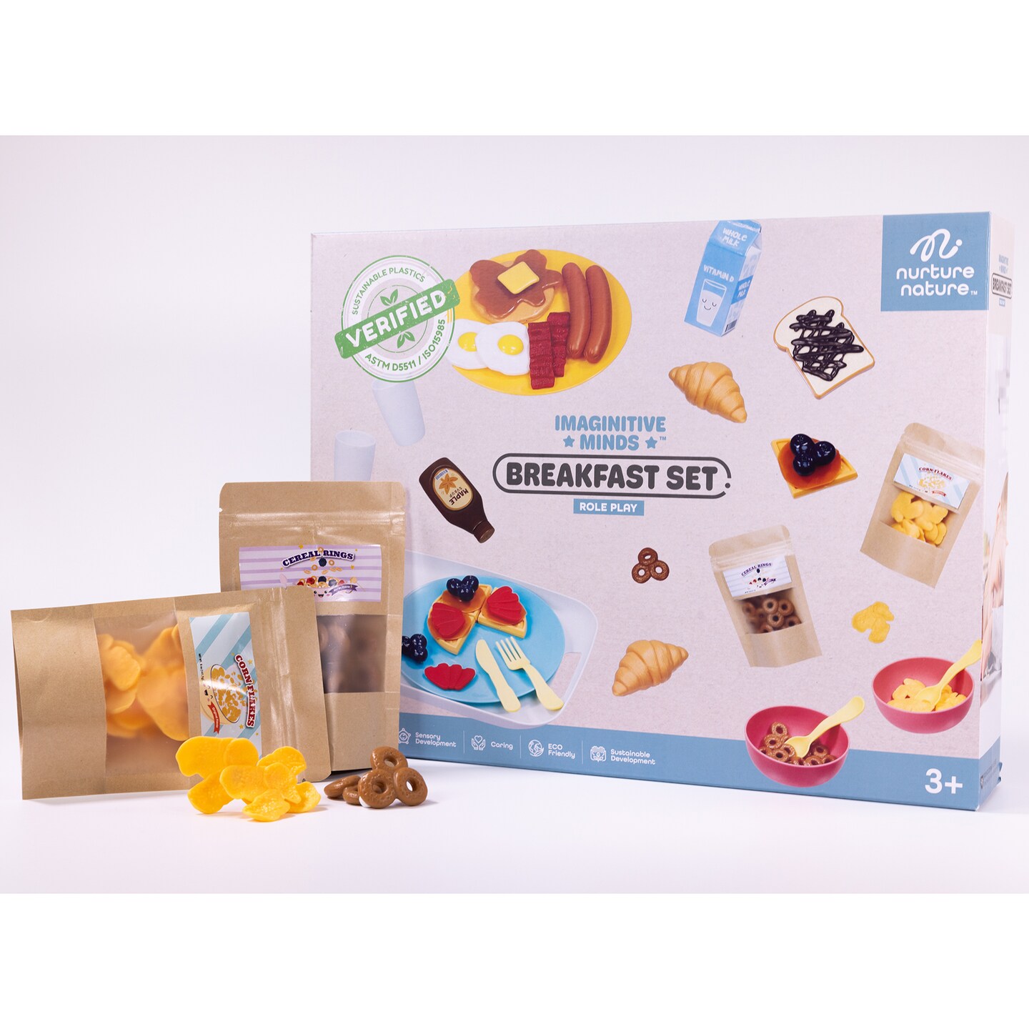 NurtureNature: Imaginative Minds - Breakfast Delights Set - 69pc Morning Meal Toy Food-Pancakes-Cereal-Eggs, Kitchen Pretend Play Accessories, Kids 3+
