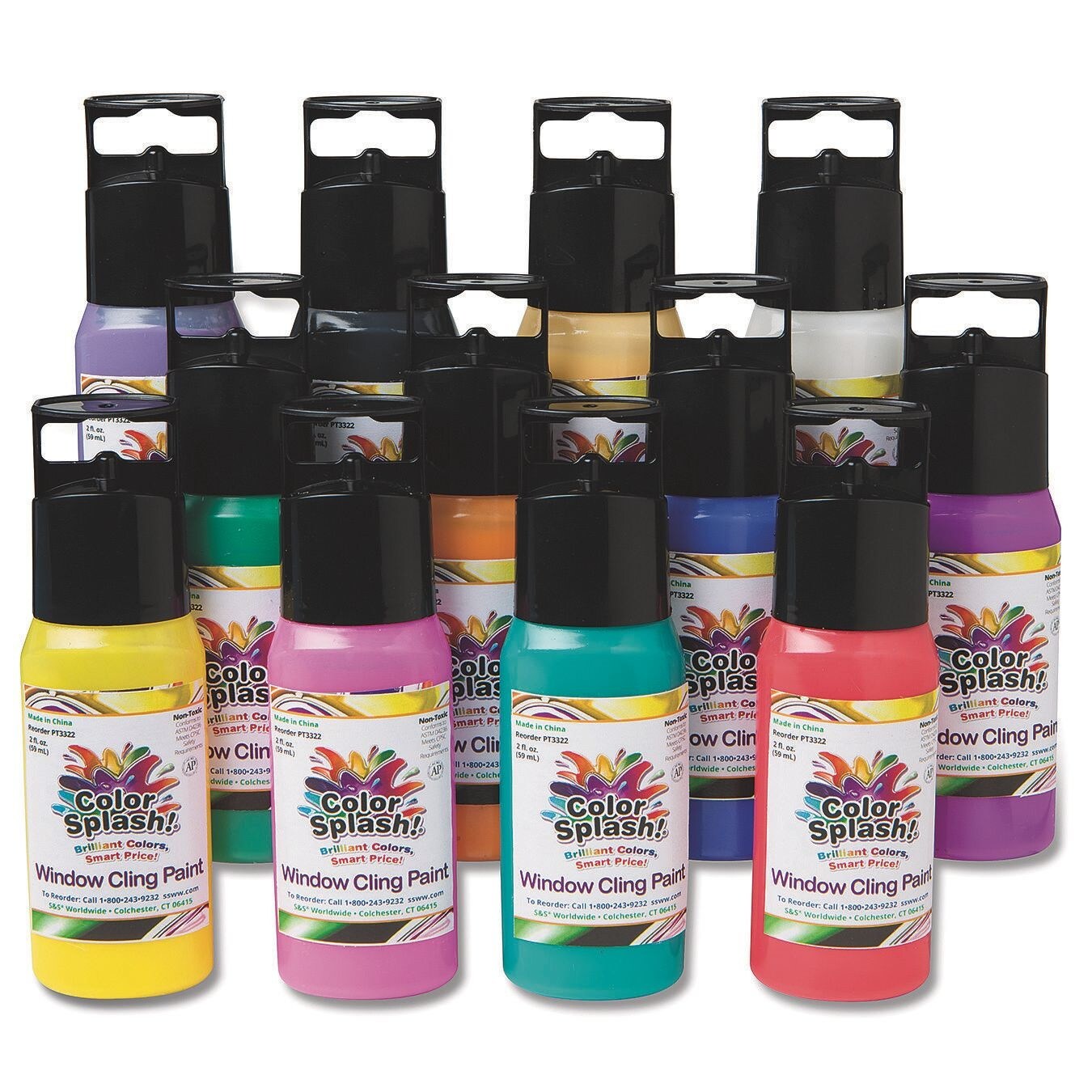 S&#x26;S Worldwide Color Splash! Window Cling Paint Asst, 12 Bright Colors in 2-oz Squeeze Bottles With Precision Tips, Create Window Cling Stickers, Removeable - Leaves No Residue, Non-Toxic Pack of 12.