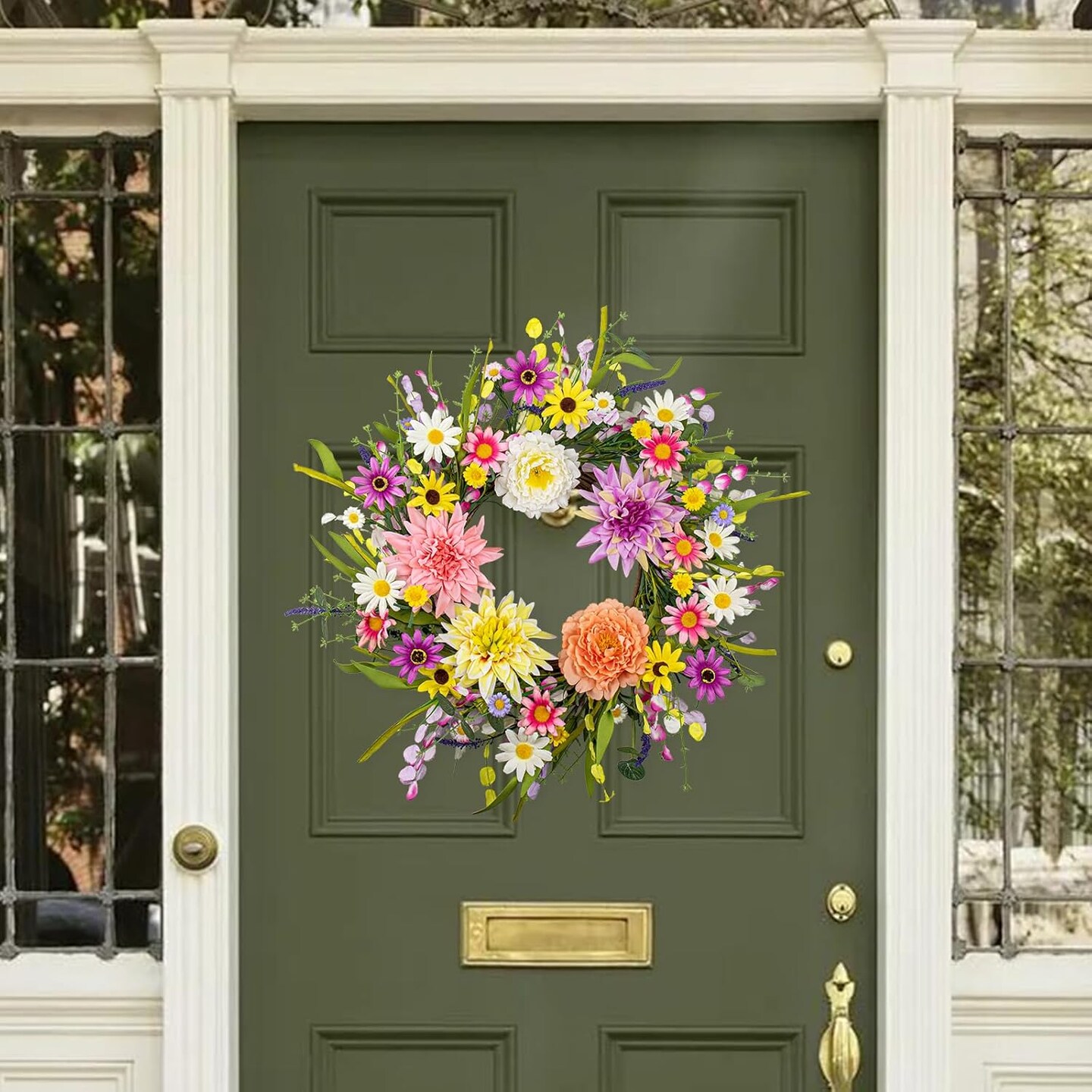Artificial Summer Wreath 22 Inch Floral Wreaths for Front Door Summer Wreath with Dahlia Daisy Flowers for Indoor Porch Wall Holidays Easter Celebrations