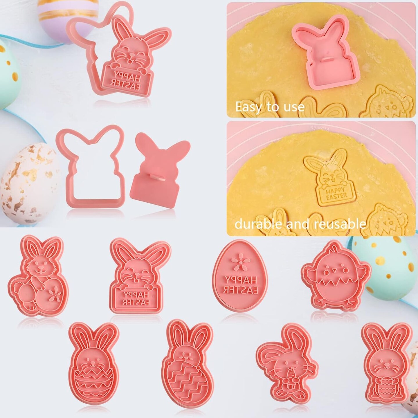 Easter Cookie Cutters Set, 8 Pcs Cookie Cutter with Plunger Stamps, 3D Cookie Stamps for Easter Biscuit Snacks Cheese Baking
