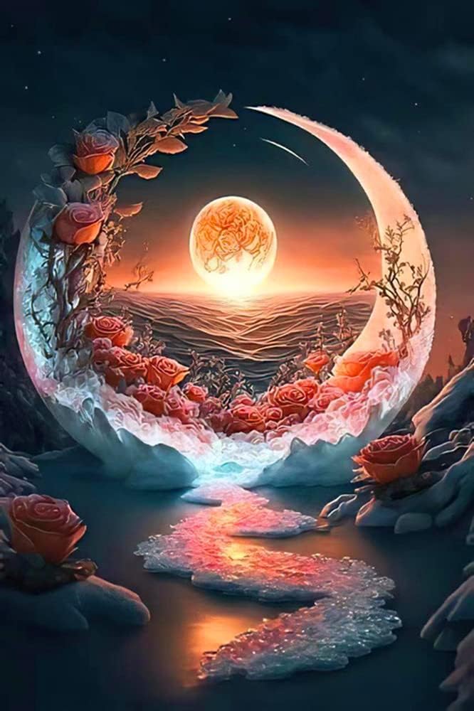 5D DIY Diamond Art Painting Kits,Round Full Drill Seaside Sunset Diamond Art Kits for Adults Beginner