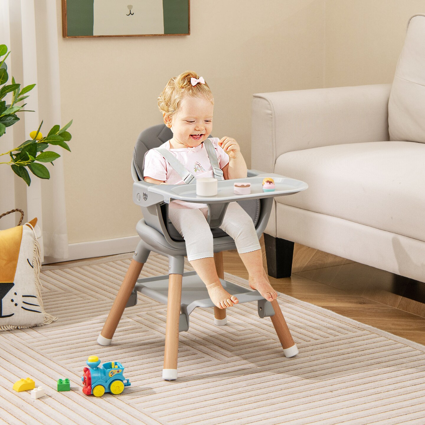 Costway 6-in-1 Convertible Wooden Baby Highchair Infant Feeding Chair with Removable Tray Black/Grey/Pink/White/Beige