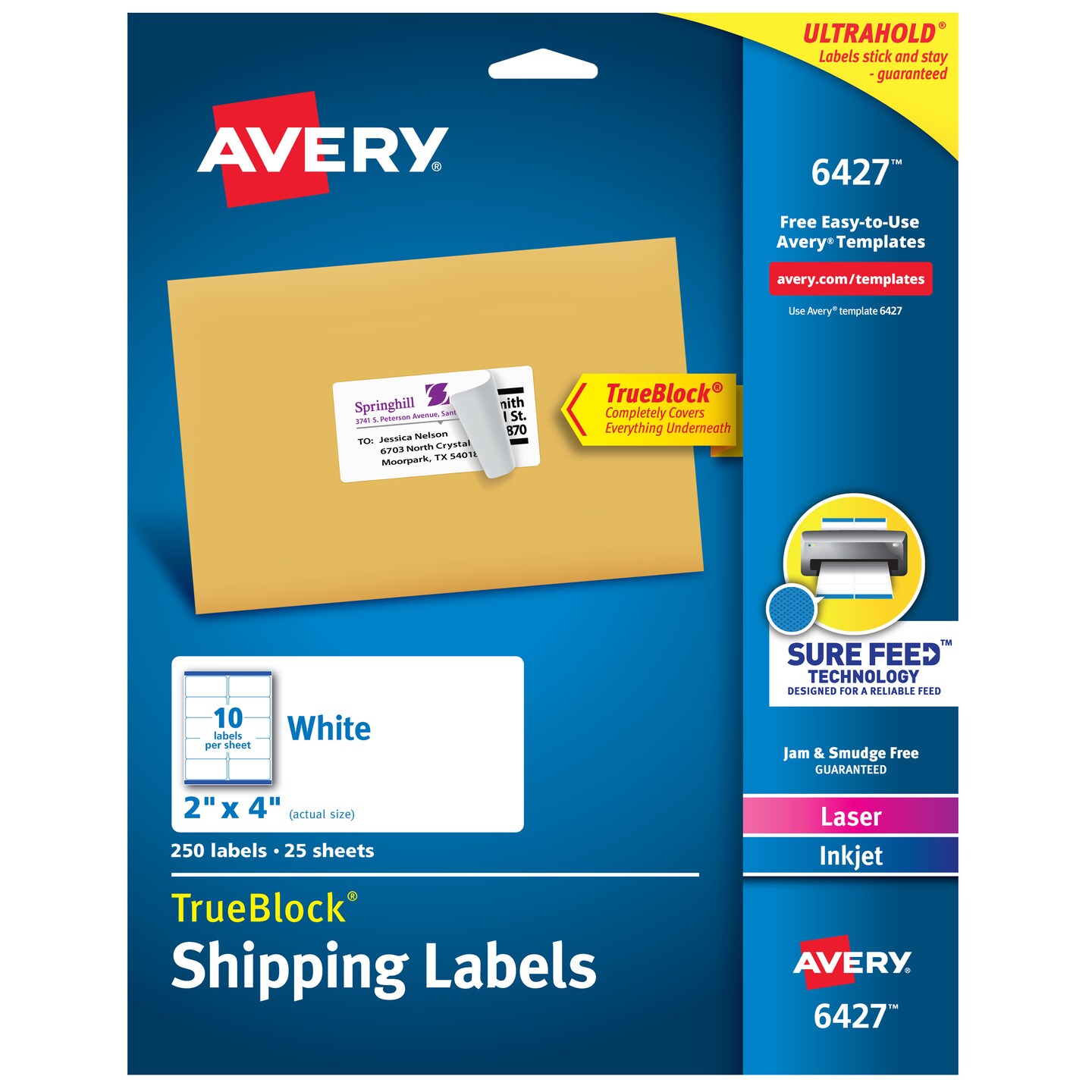 Avery Printable Shipping Labels with Sure Feed Technology, 2" x 4", Laser & Inkjet Compatible, Matte White, 250 Blank Labels Total (6427)