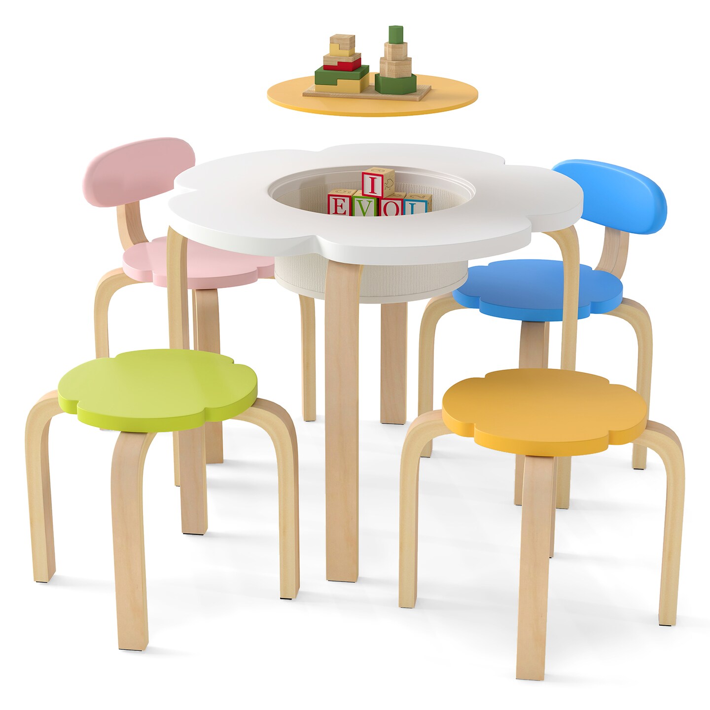 Multi Color Flower-Shaped Children Activity Table Set with Chairs and Stools