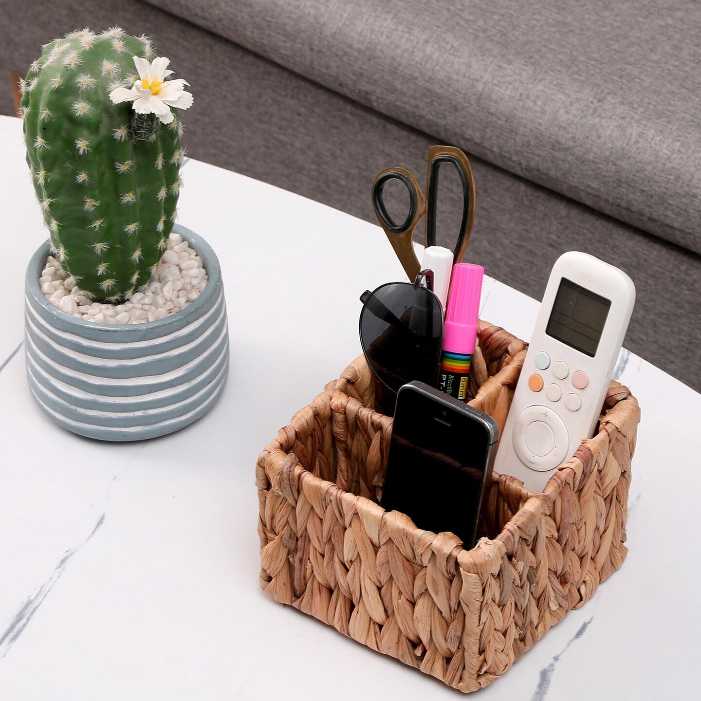 Remote Control Holder Wicker Desk Organizer Divided Storage Basket,Hand Woven Cosmetic Storage Box with 3 Compartments,Water Hyacinth Remote Control Basket for Desktop Organizing
