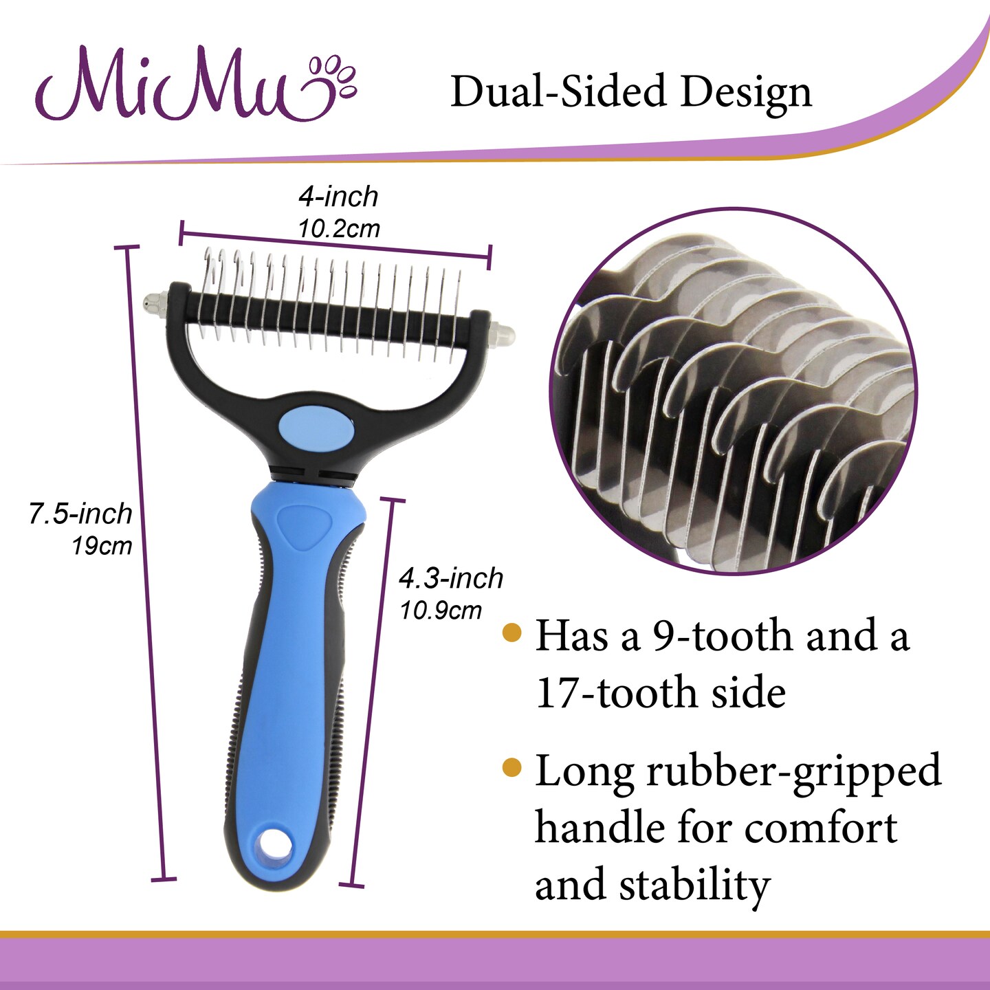 MiMu 2-Sided Dematting Undercoat Dog Rake Brush with Grooming Comb