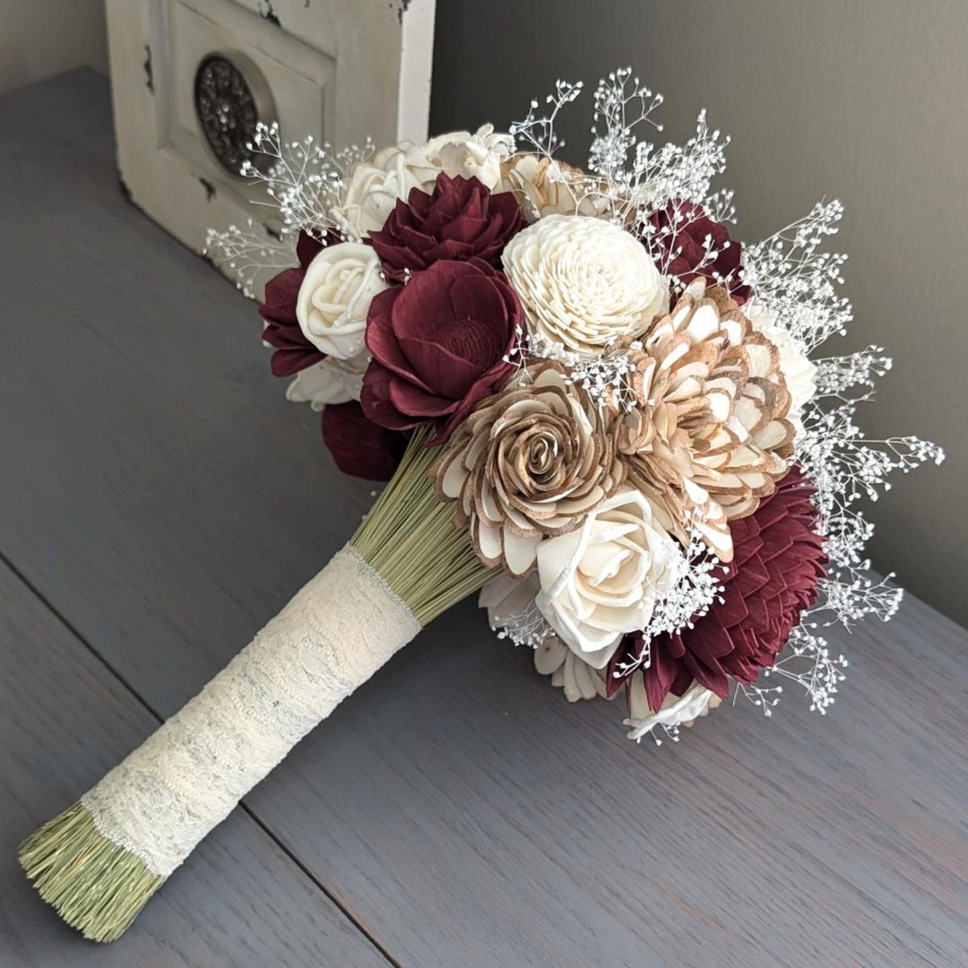 Burgundy, Natural, and Ivory Sola Wood Flower Bouquet with Baby's