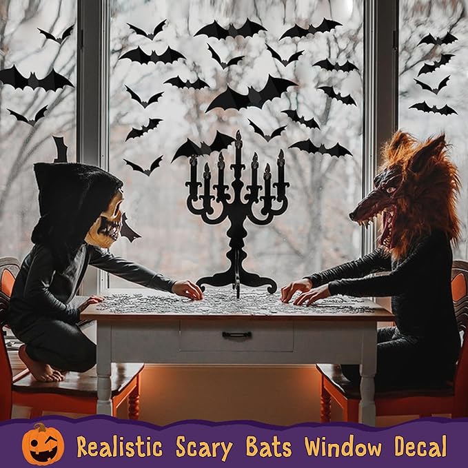 Bats Wall Decor 120PCS Halloween Decoration Bats Realistic PVC 3D Black Scary Bat Wall Stickers for Creepy Home Decor Halloween Party Decorations DIY Wall Decal Bathroom Indoor Halloween Decor