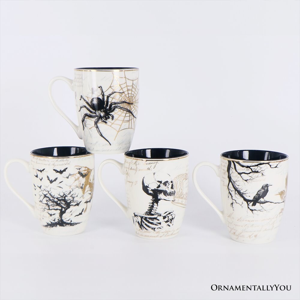 Elegant Goth Set of 4 Ceramic Mugs with Real Gold Trim, Black and White Spooky Halloween Coffee Cup Kitchen Gift