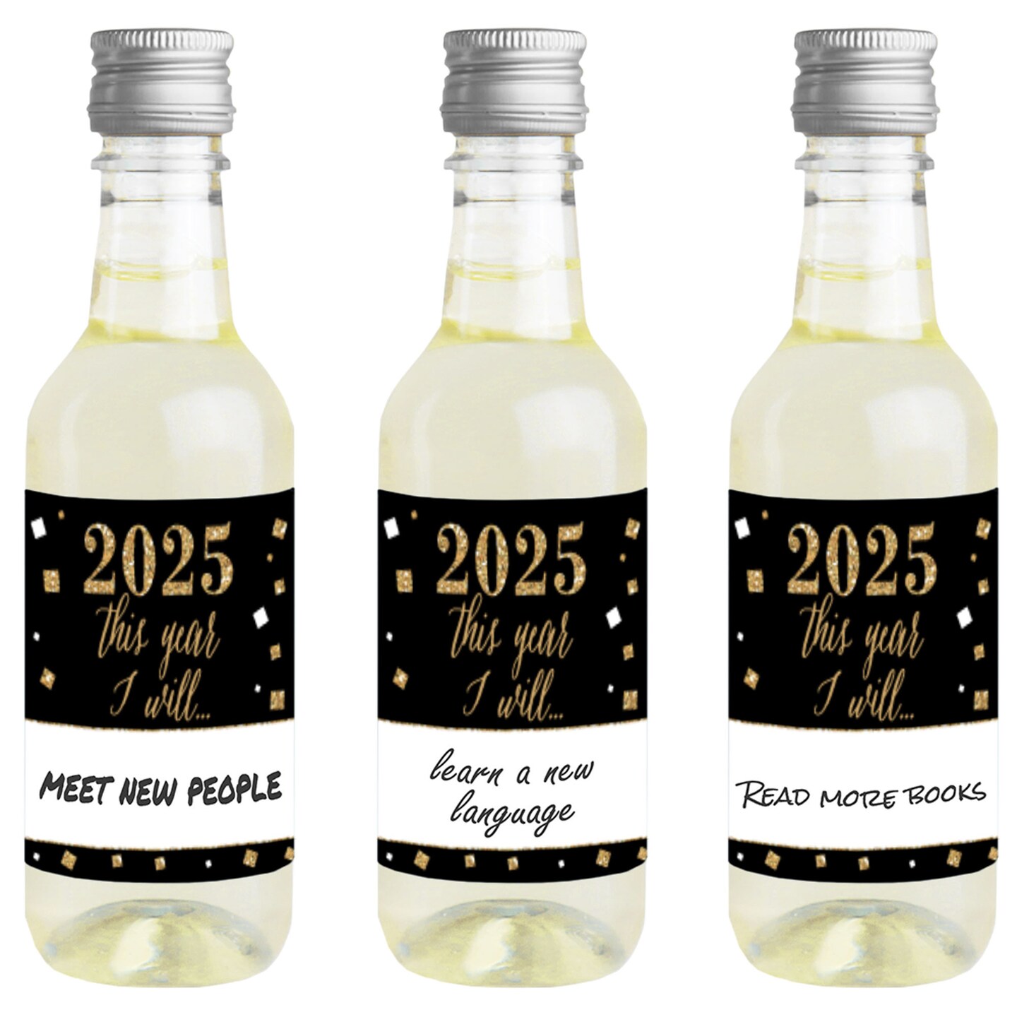 Big Dot of Happiness New Year&#x27;s Eve - Gold - Mini Wine &#x26; Champagne Bottle Label Stickers - 2025 New Years Eve Resolution Party Favor Gift &#x200B;- Set of 16