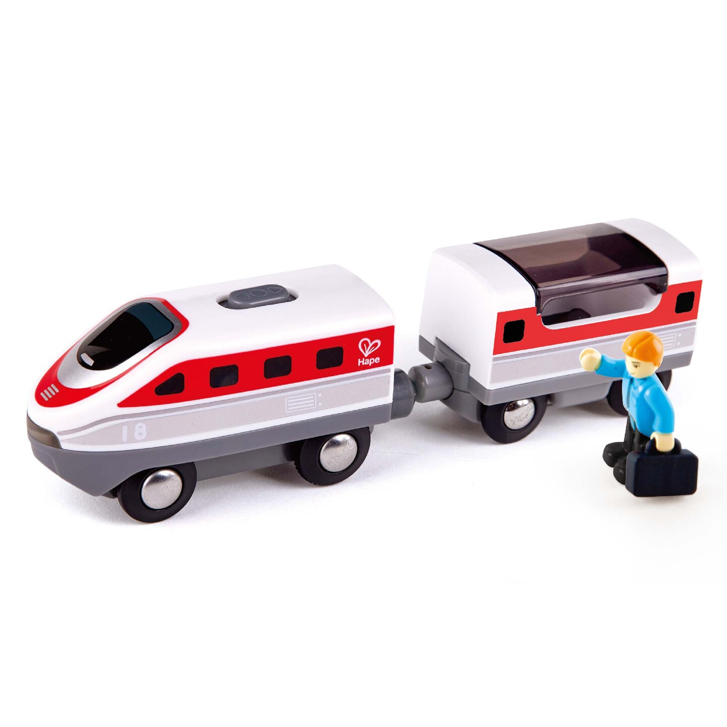 Hape Intercity Battery Powered Train Set Red White Engine Train Car Play Accessories Forward Reverse Wooden Toy Magnetic Linking Kids 3