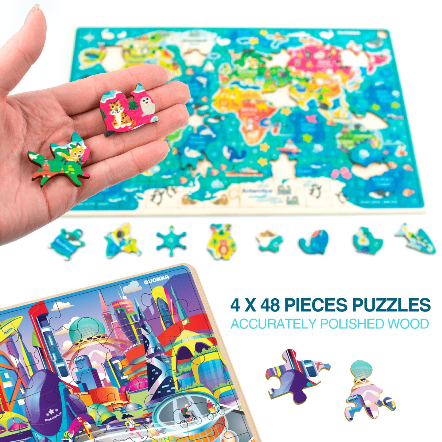 QUOKKA 48 Piece Puzzles for Kids Ages 3-5 – Wooden Sudoku Puzzles for Kids 4-8 Year Olds –Toys for Learning World Map and Solar System for Ages 3-5 Boards for Boys and Girls