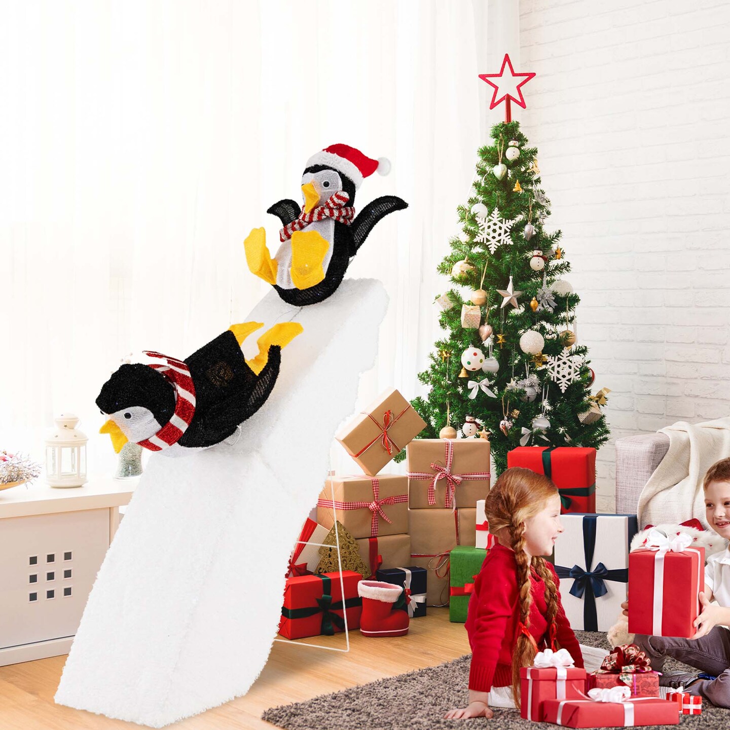 Costway 4FT Pre-Lit Christmas Penguin Ice Skating Decoration with Snowy Slide &#x26; LED Lights