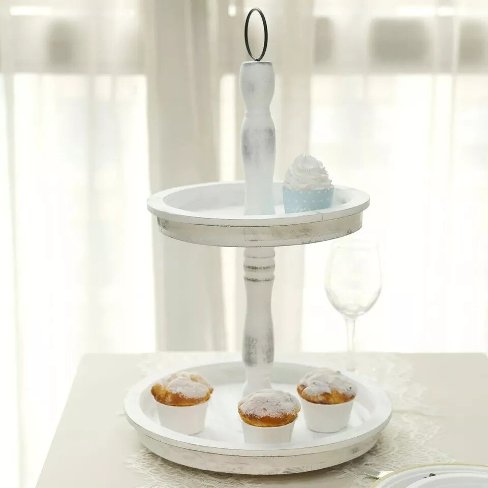 White 20&#x22; Round 2 Tier Wooden Cupcake Stand Dessert Serving Tray Party Events