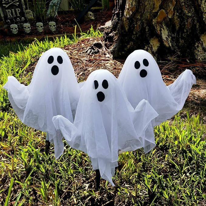 Halloween Decorations Outside - 3 Pack Outdoor Ghost Decorations Lights, Halloween Yard Stakes Ghost for Halloween Lawn Yard Decorations, Halloween Party Supplies