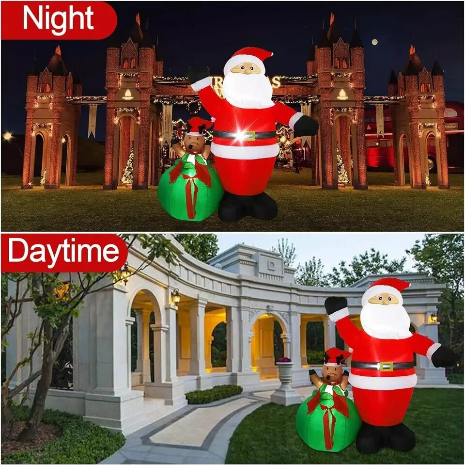 6FT Christmas Inflatable Santa Claus with Reindeer Built-in LED Light Decoration