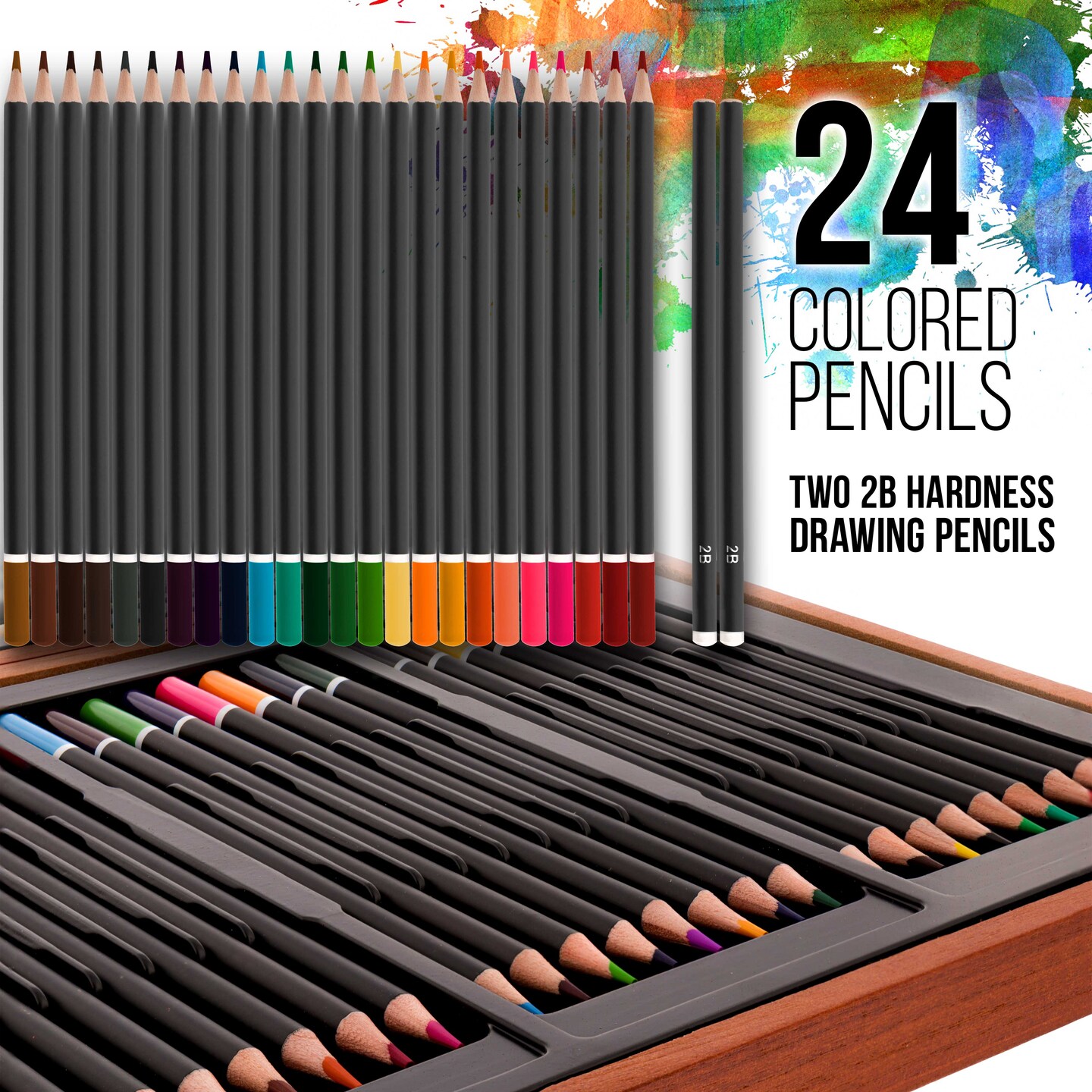 U.S. Art Supply 82-Piece Deluxe Artist Studio Creativity Set Wood Box Case, Painting, Drawing Set, 24 Watercolors, 24 Oil Pastels, 24 Colored Pencils