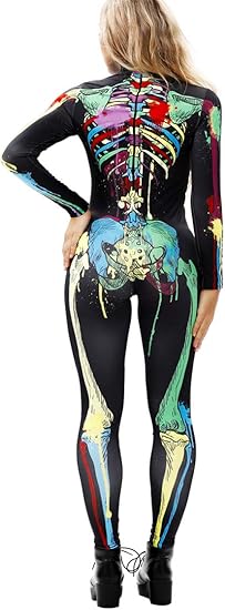 Women Halloween Party Costume Skull Print Long Sleeve Jumpsuit Outfit