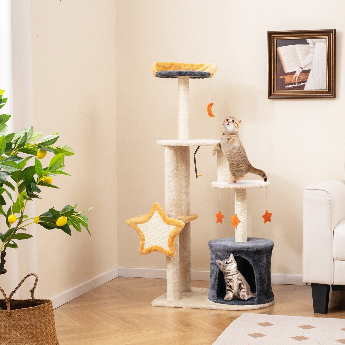 Cute Cat Tree For Indoor Cats With Sisal Scratching Posts And Board