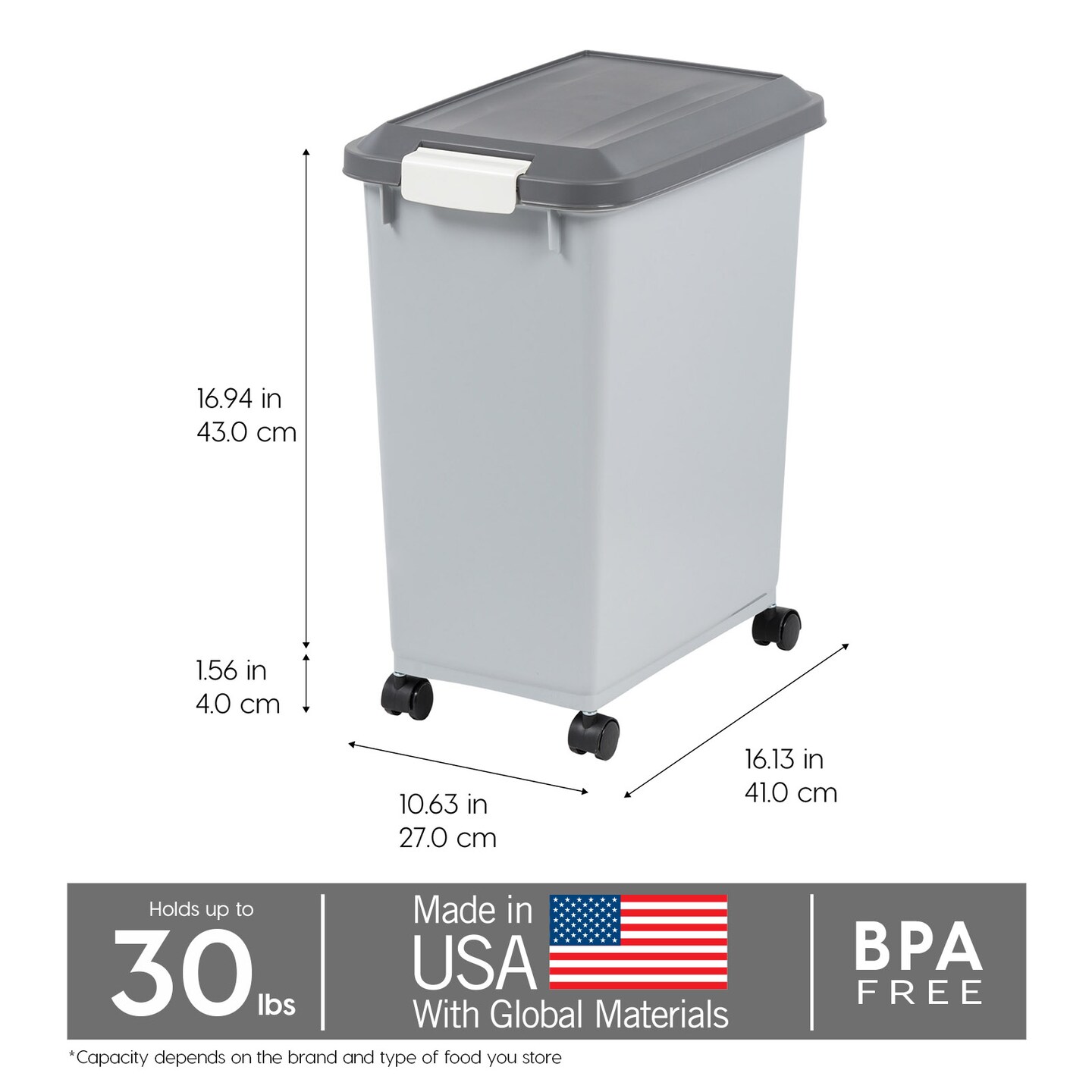 IRIS USA Dog Food Storage Container with Wheels, 2-Cup Scoop, Gray/Dark Gray