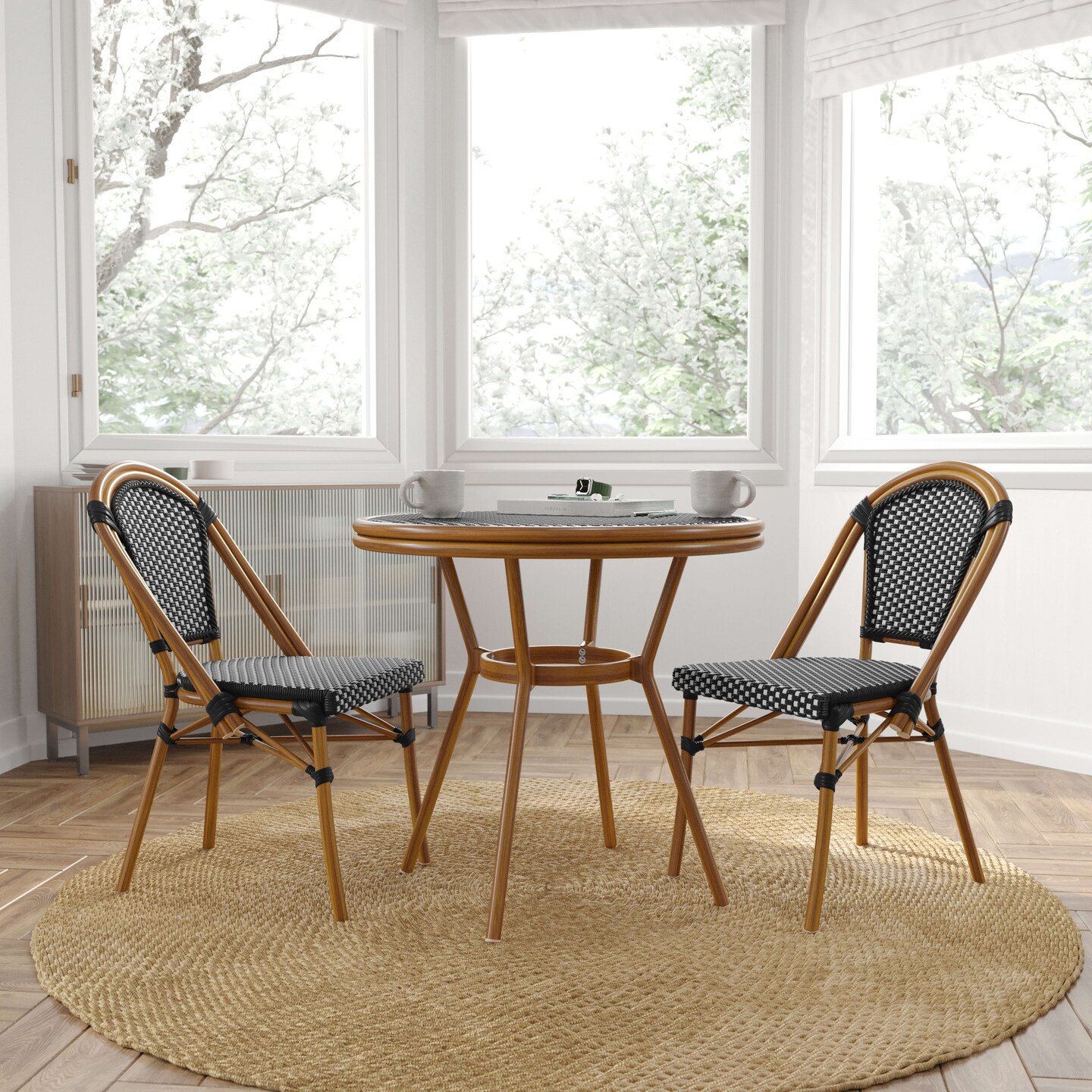Merrick Lane Celia Bistro Style Table with Glass Top, PE Rattan, 4 Stack Chairs, and Bamboo Finished Metal Frame for Indoor/Outdoor Use