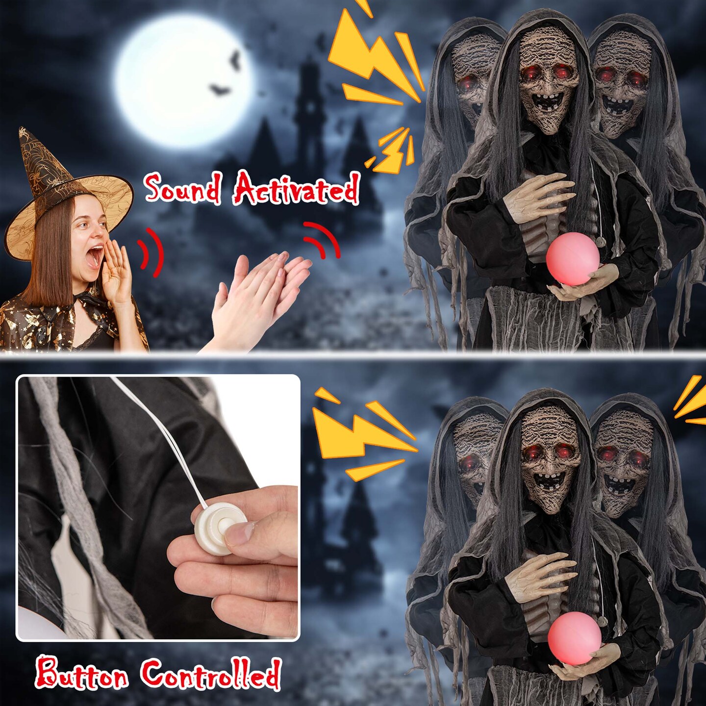 Costway 6ft Halloween Animatronics Standing Witch Talking Animated Wicked Witch with Light Up Eyes &#x26; Magical Ball Sound Activated