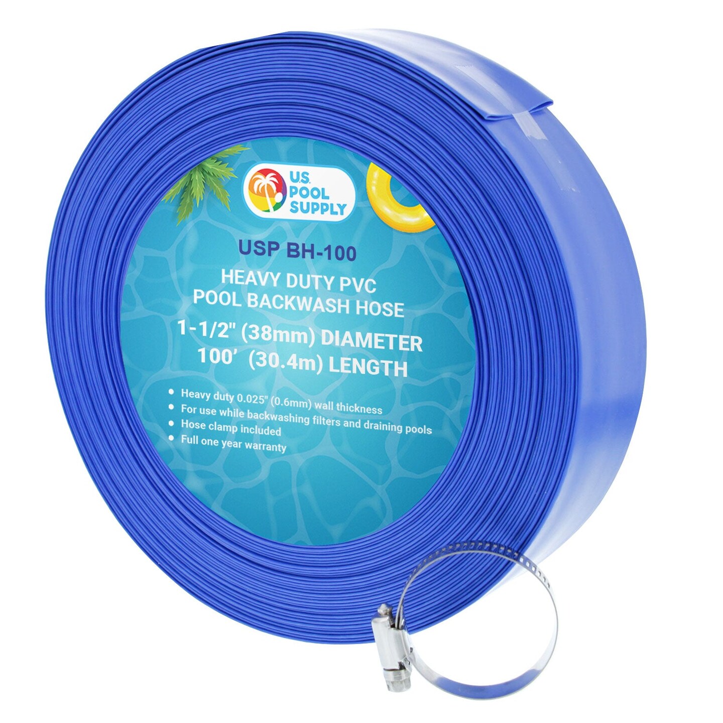 U.S. Pool Supply&#xAE; 1-1/2&#x22; x 100&#x27; Heavy Duty Blue Swimming Pool Backwash Hose with Hose Clamp