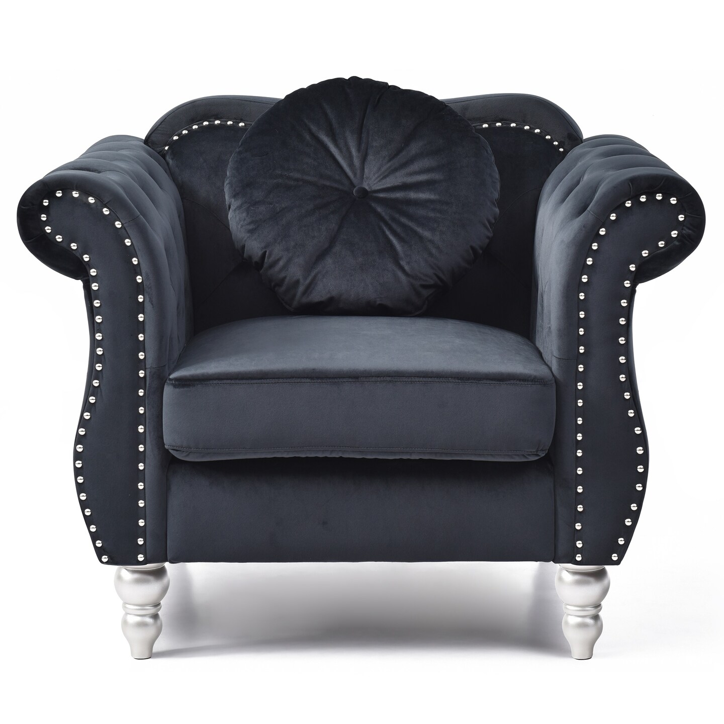 Contemporary Home Living Velvet Tufted Accent Chair with Round Pillow - 39&#x22; - Black