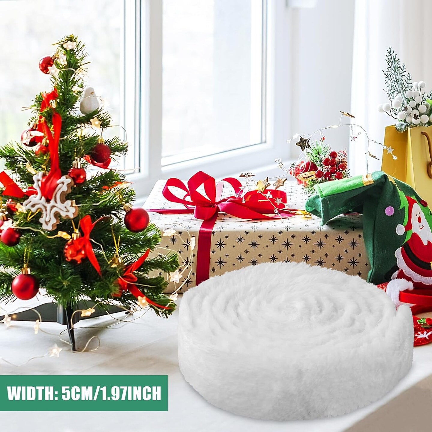 Christmas Fur Trim White Faux Fur Ribbon Trim White Fur Fabric Roll for Garland Wreath Bows Santa Costume Sewing Christmas Tree Decor(1.97inch x 3 Yards)