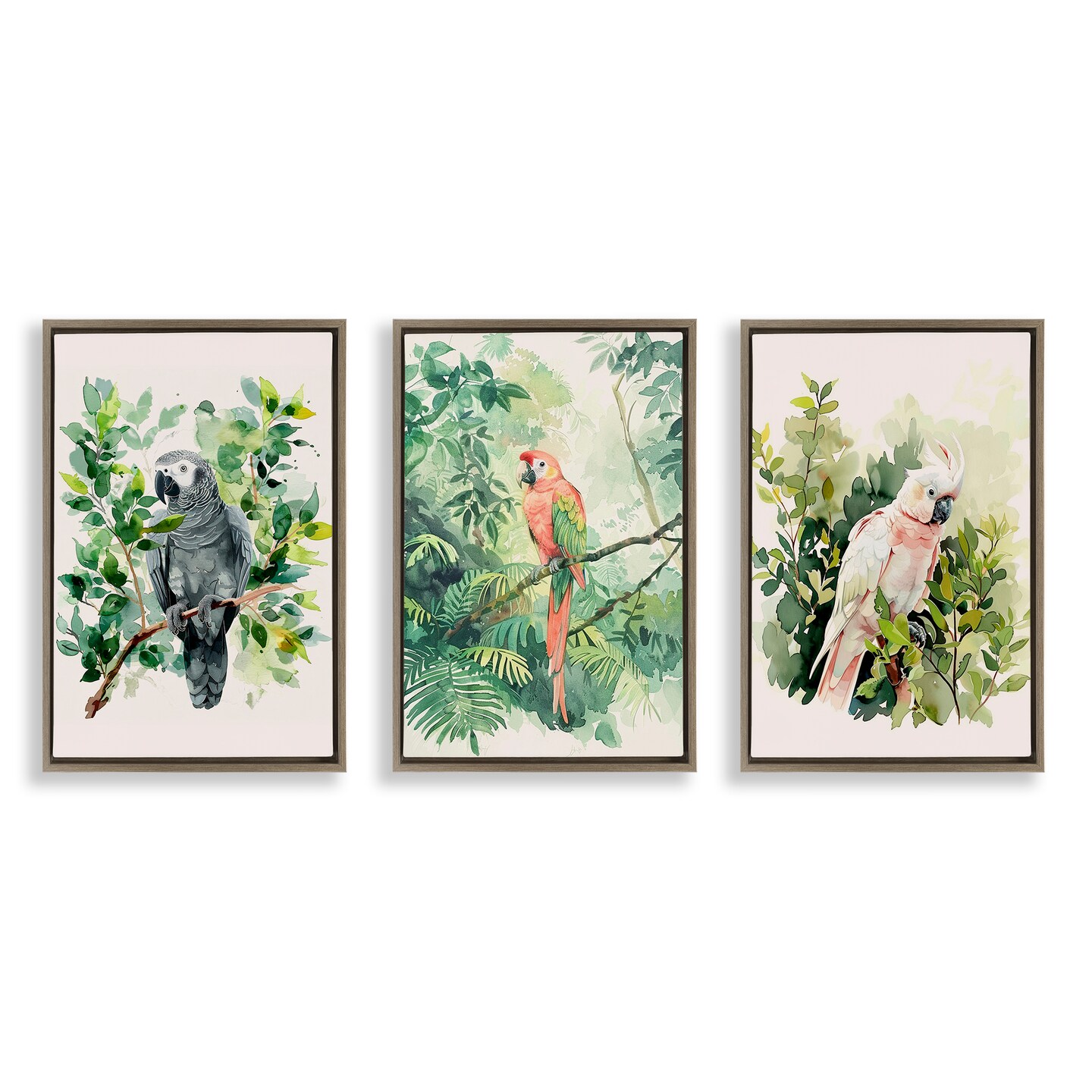 Stupell Industries Tropical Parrots in Jungle 3 pc Framed Floater Canvas Wall Art Set Design by LSR Design Studio