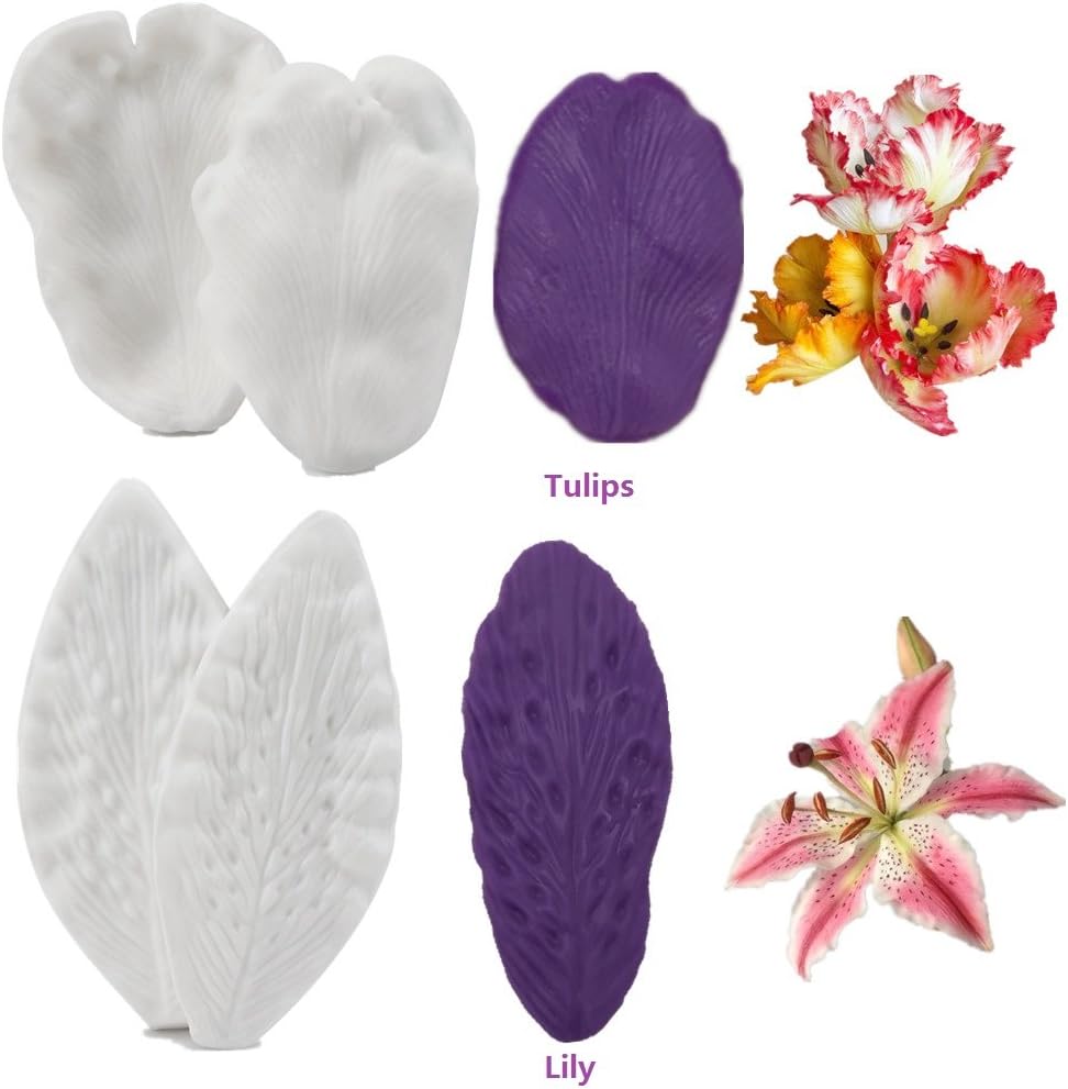 6set Gumpaste Flower and Leaf Silicone Veining Mold Sugarcraft Fondant Flower Making Tools for Wedding Cake Decorating,Chocolate, Sugar,Soap,Gum paste