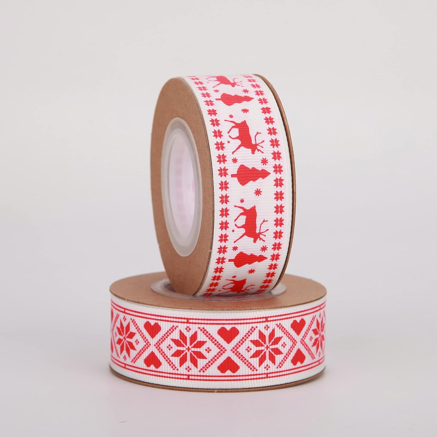Christmas Ribbon Total 20 Yards 1Inch Wide Red and White Nordic Trim Scandi Reindeer and Snowflake Ribbon for Gift Wrapping, DIY Craft, Christmas Party Supplies