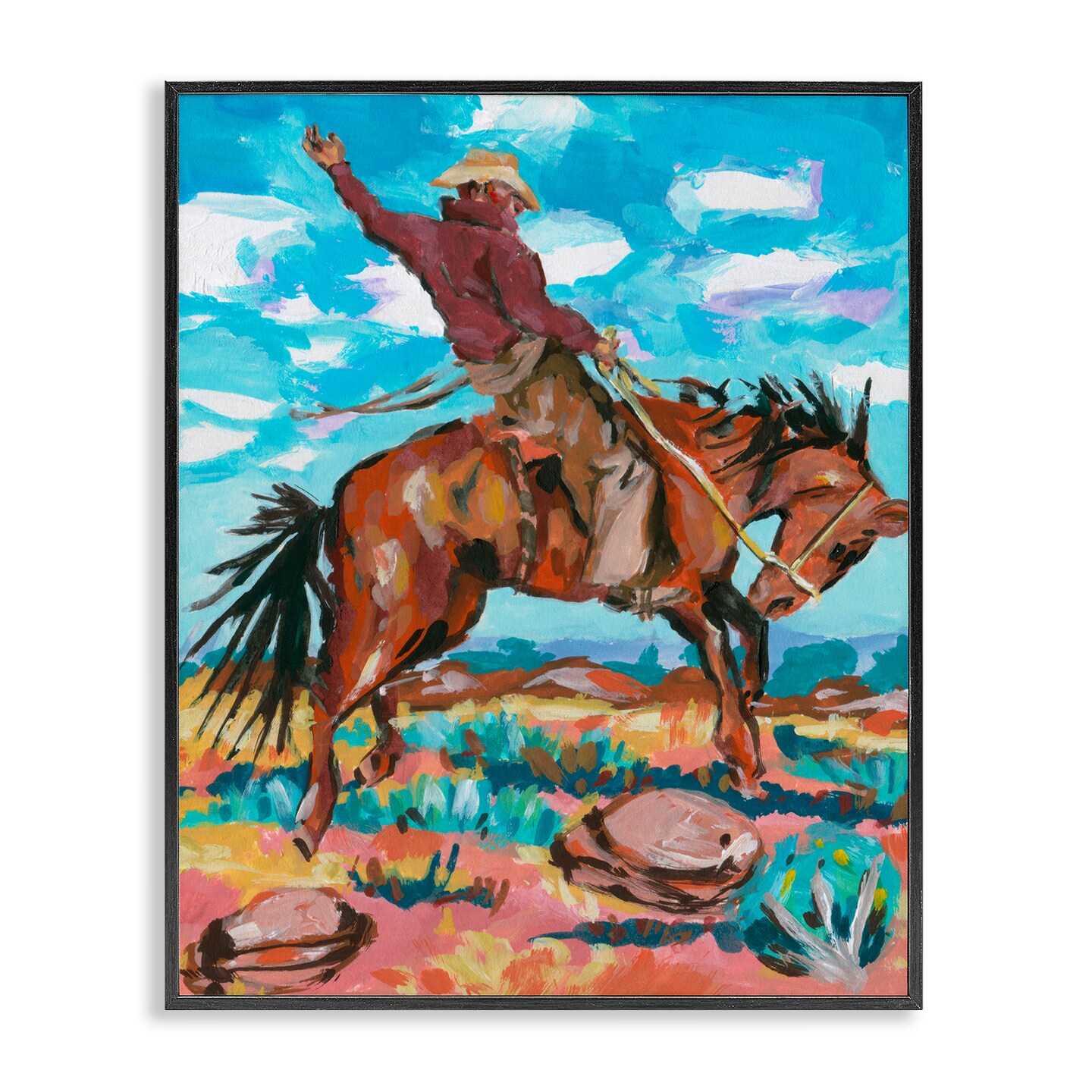 Stupell Industries Cowboy on Rearing Horse Framed Giclee Wall Art Design by Samuel Dixon