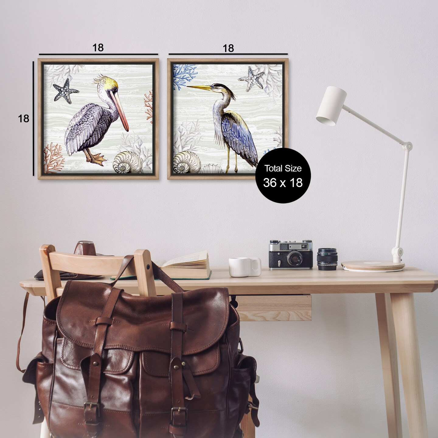 Stupell Industries Coastal Pelican & Heron 2 pc Framed Floater Canvas Wall Art Set Design by Elena Vladykina