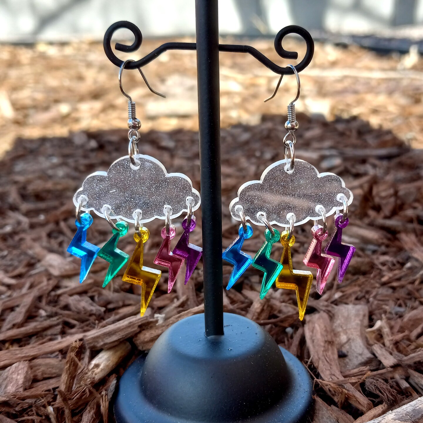 Lightning Bolt Rain Cloud Dangle Earrings, Glows in Black Light, Raindrops Weather Rave Jewelry, White Cloud Statement Earrings - image8