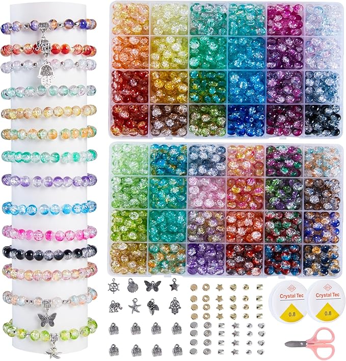 1300PCS 8mm Mixed Crackle Glass Beads for Bracelets Making with Accessories 48 Colors Crystal Glass Beads Jewelry Making Kit Round Beads for DIY