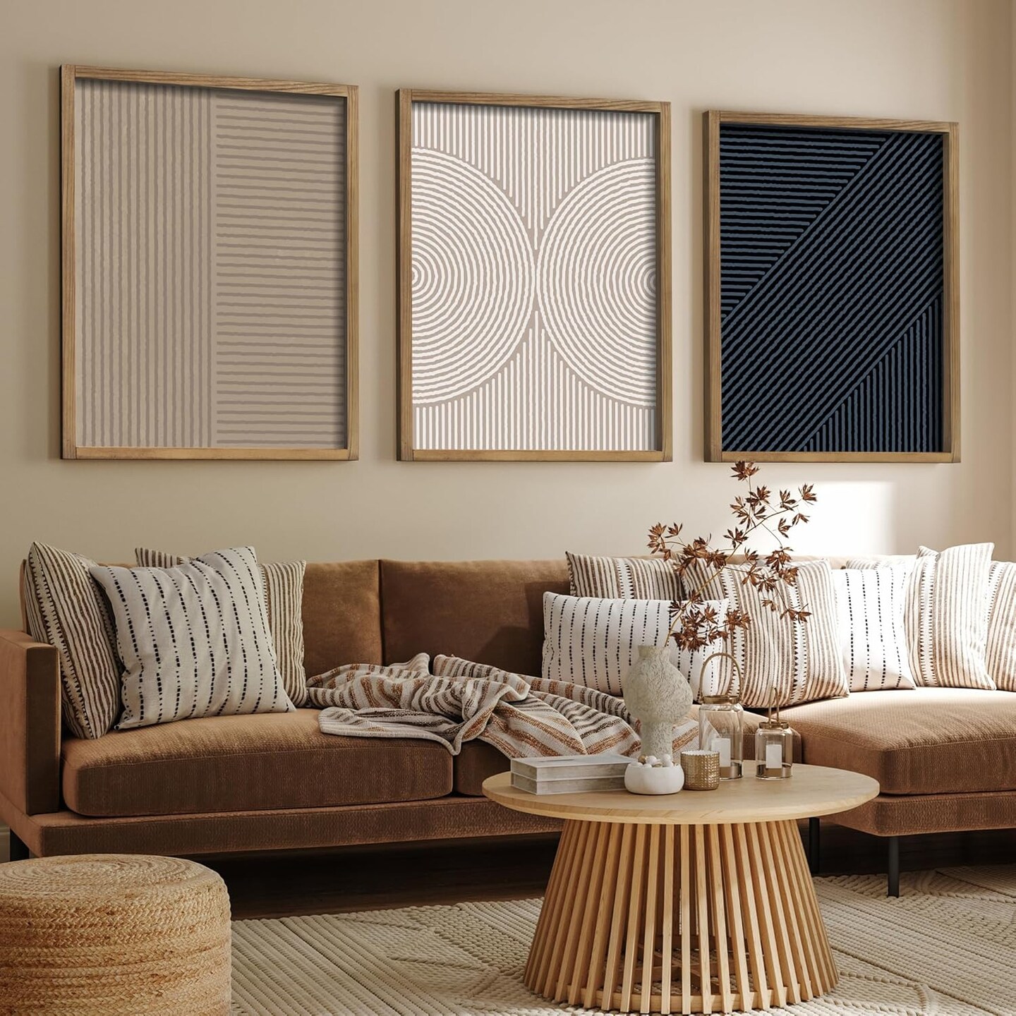 Modern Boho Abstract Line Wall Art Set Of 3, Mid Century Minimalist Wall Decor, Black And Brown Framed Neutral Wall Decor (12X16 Brown)