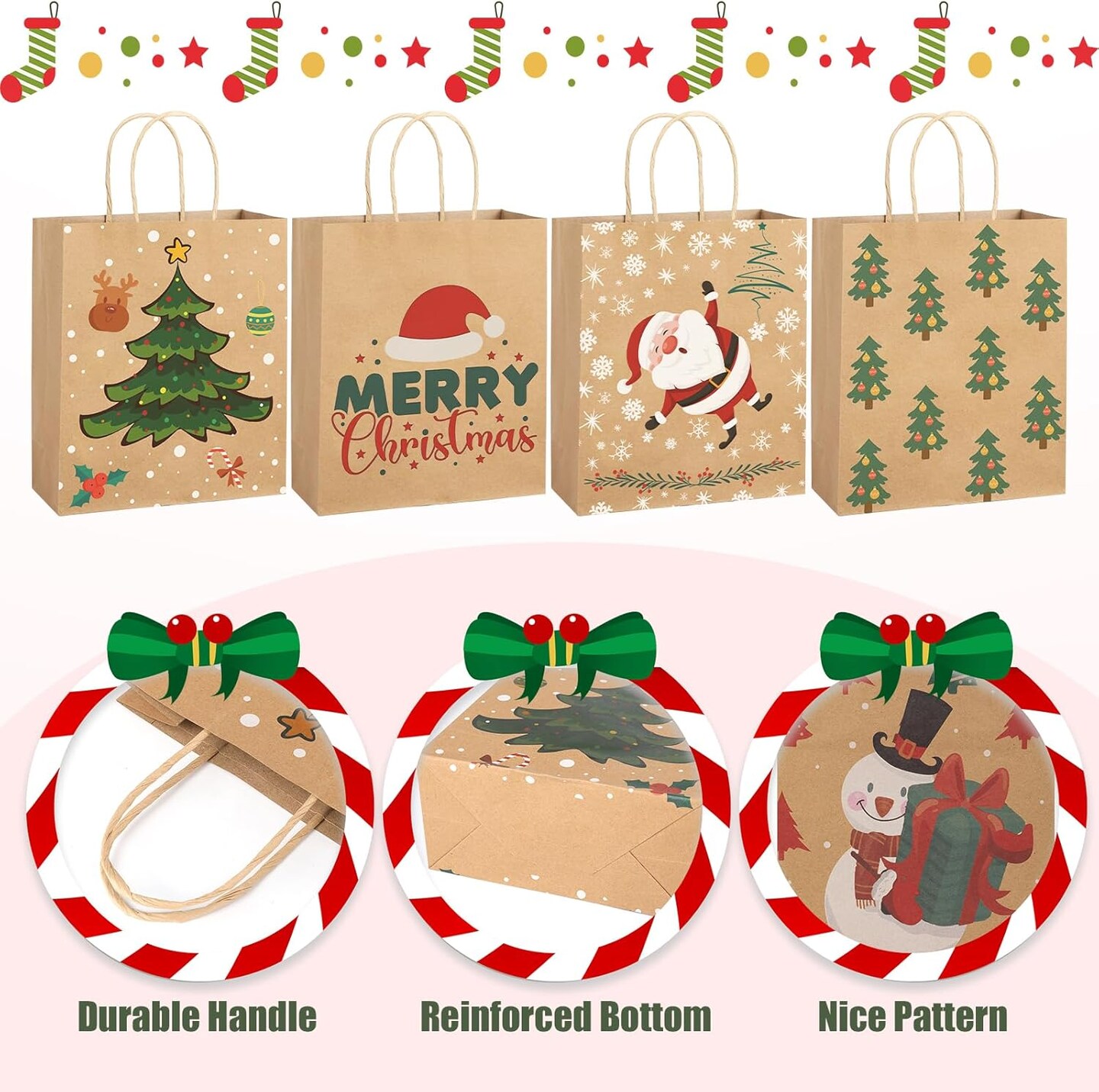 28 Pack Christmas Kraft Gift Bags with Handles, 9x7.5x3.5 Christmas Gift Bags, Christmas Goody Bags for Christmas Holidays Party Favors and Presents
