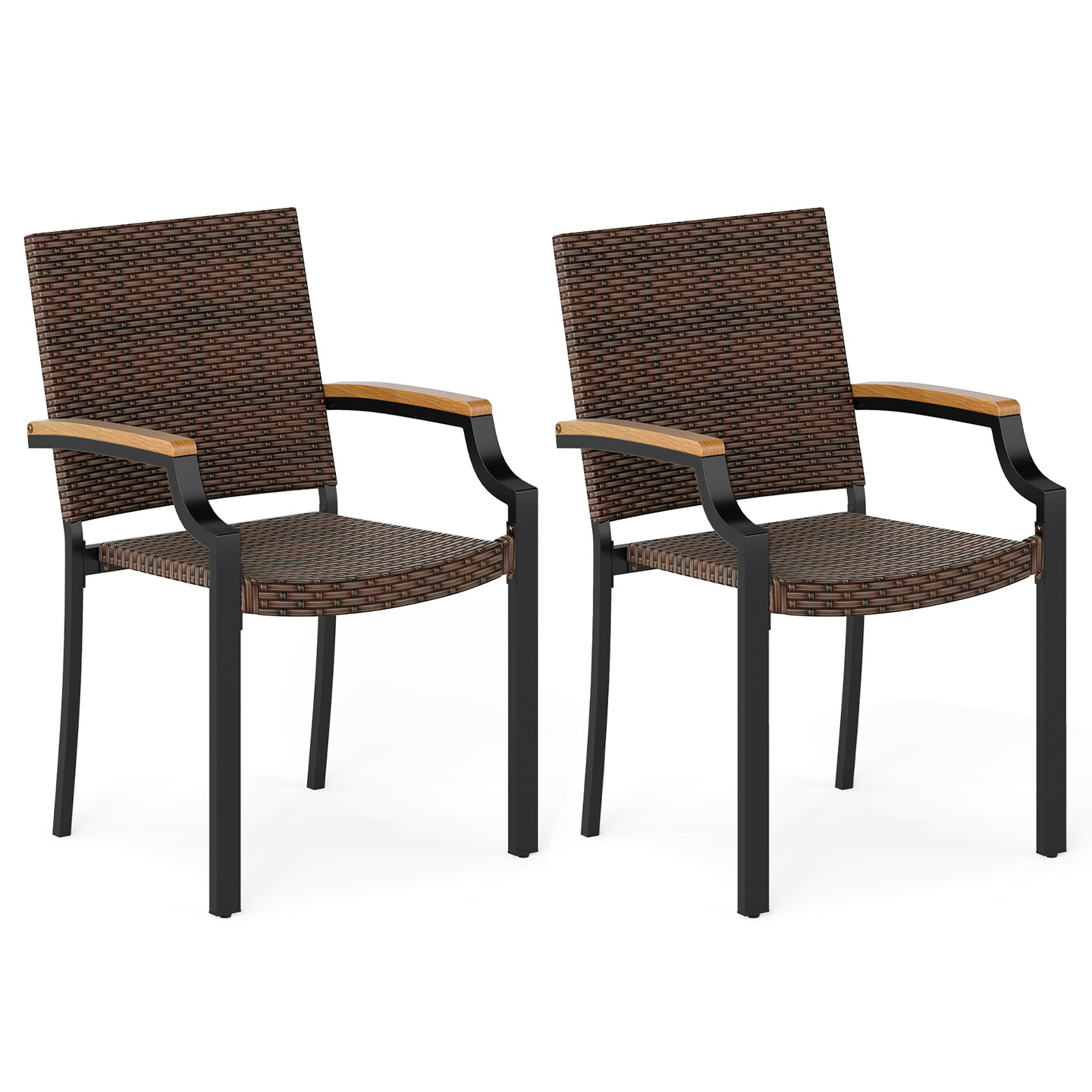 Set of 2 Mix Brown Rattan Patio Chair with Metal Frame, Ergonomic Armrests Stackable Outdoor Seating