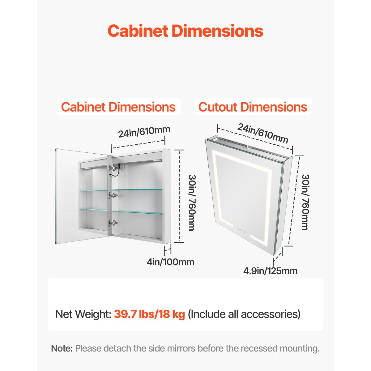 Clear LED Bathroom Mirror Cabinet with Anti-Fog, Dimmable Light and Adjustable Shelves