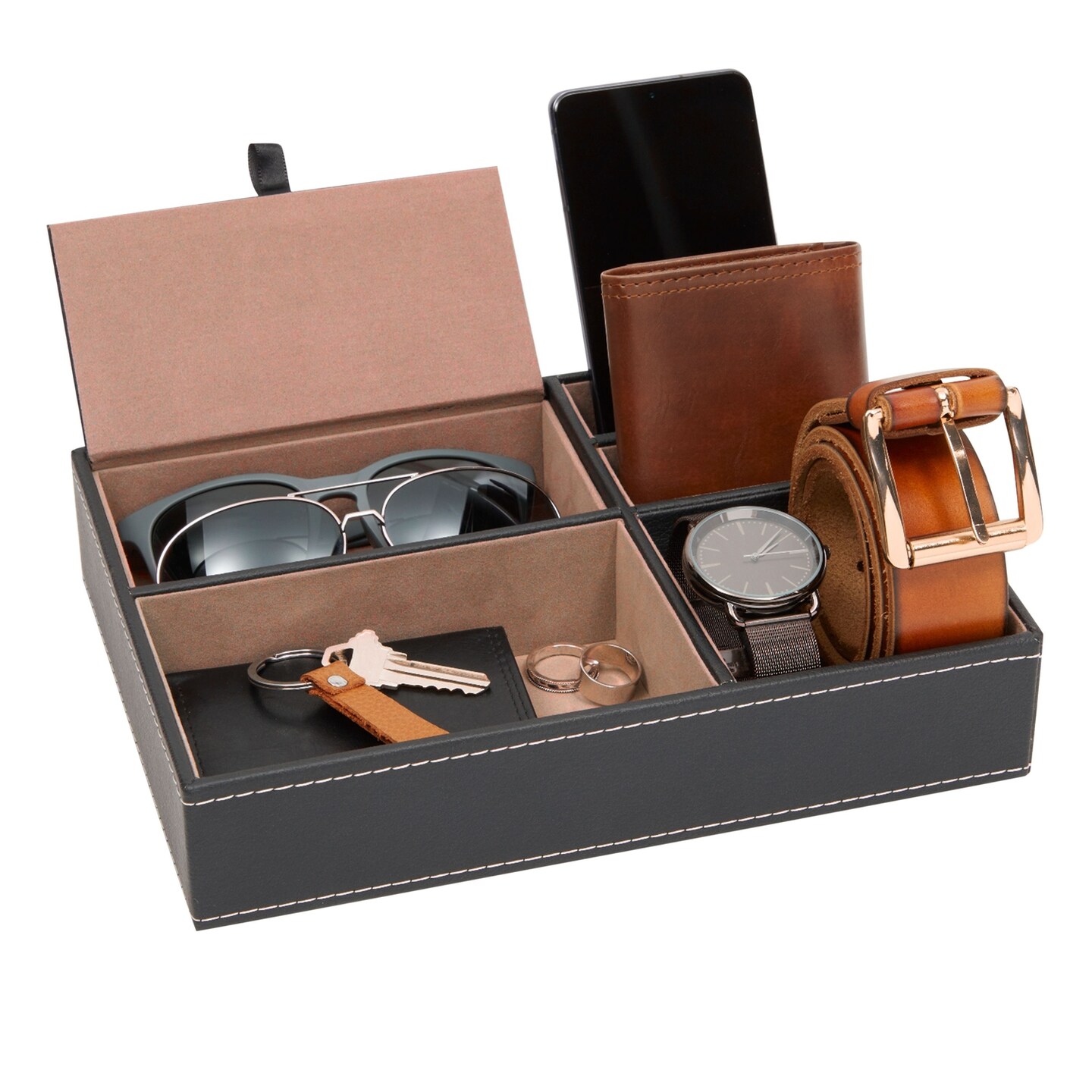 Juvale Mens Jewelry & Valet Tray Organizer - 10 x 7.3 x 2 in Black PU  Leather - 5 Compartments Flip-Top Lid - Wallet, Key & Watch Organizer Tray  - Catchall for Men, Color: Black | Michaels