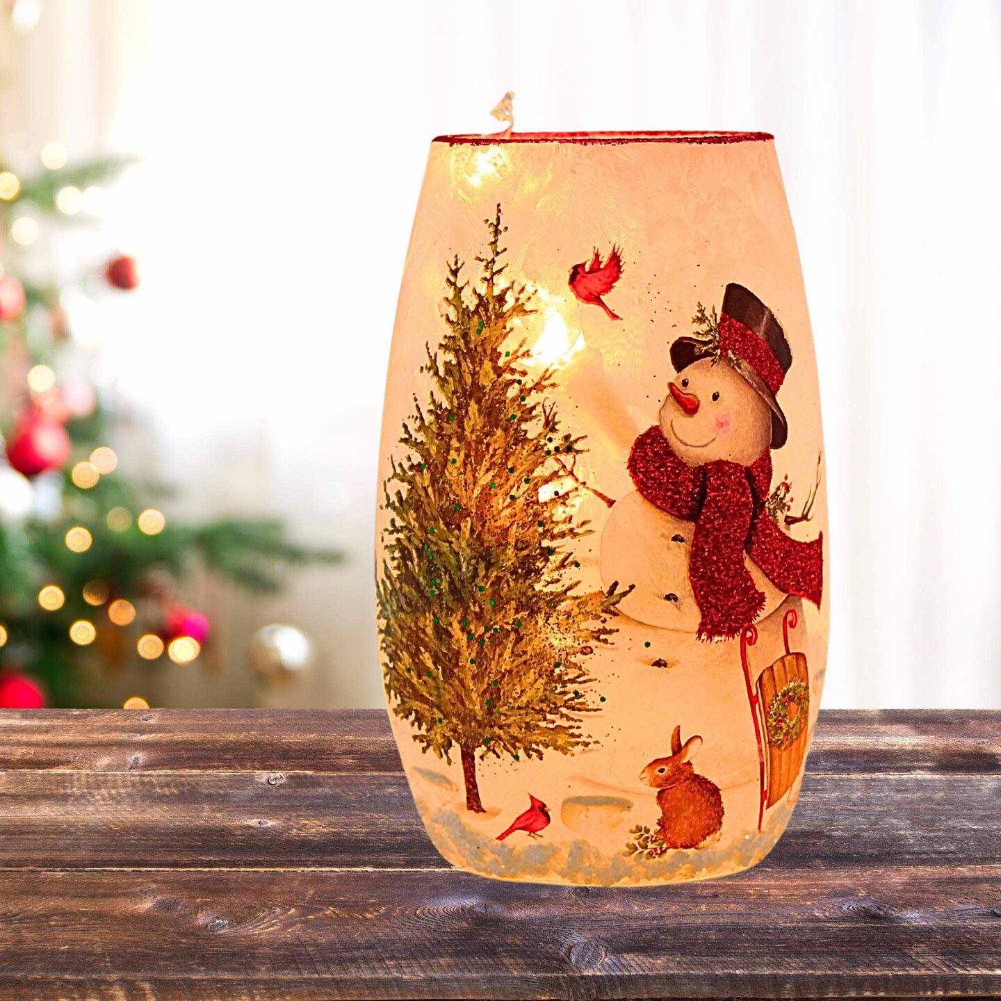 Stony Creek 5.25 In Delightful Snowman Pre-Lit Small Vase Christmas Lighted Glass Accent , Christmas Decor Cardinal Sled Bunny Tree